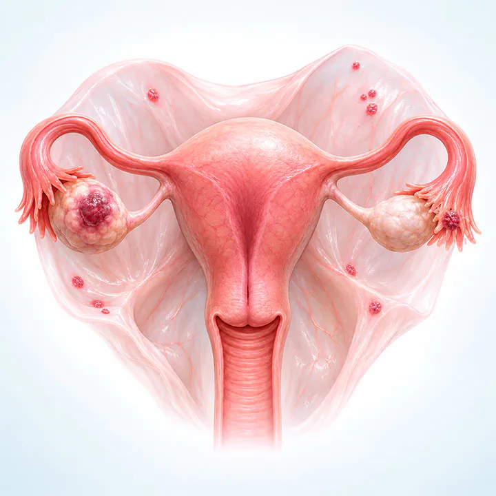 Ilustración 3D de cáncer de ovario, trompas de Falopio y peritoneo